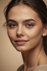 Fototapeta premium Portrait of a woman with a soft smile and natural beauty against a neutral background capturing the essence of serenity and confidence