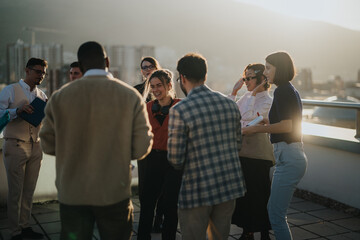 A group of multiracial business colleagues enjoying a celebration on a high tower balcony. The city...