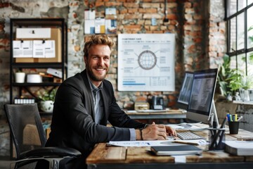 Fototapeta premium A smiling man works at a stylish desk in a rustic office filled with plants and charts, showcasing a modern yet cozy workspace.