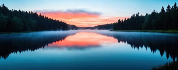 Lake reflections nature concept. Tranquil lake at sunset, reflecting vibrant colors and surrounded by lush trees.