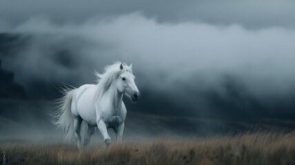 Fototapeta premium Icelandic White Horse in Motion: A small but sturdy Icelandic horse, with its long mane flowing. The background features rugged volcanic terrain with moss-covered rocks and a dramatic cloudy sky. 