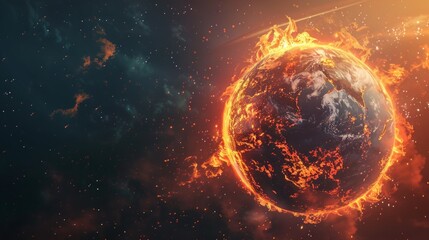 Obraz premium The background with burning planet Earth surrounded by space effects is perfect for science fiction projects, book covers about disasters and apocalypse, global warming