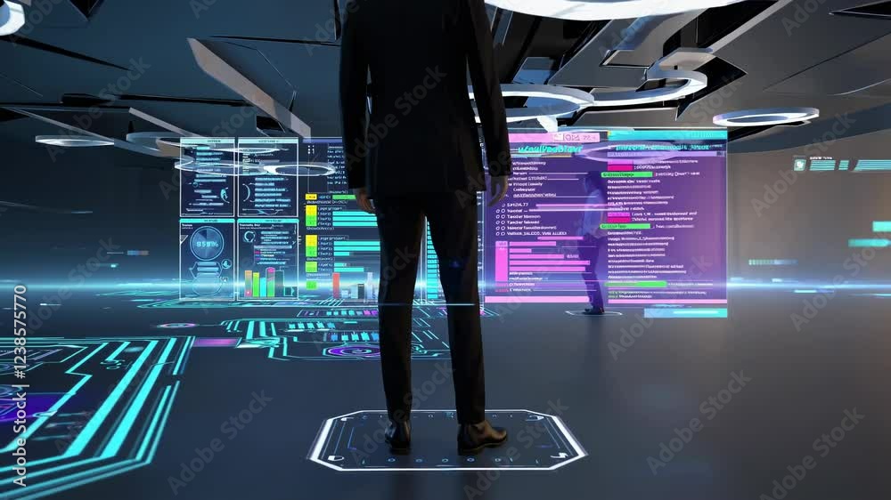 Poster exploring futuristic technology in an advanced digital landscape at a tech conference