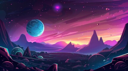 Cosmic landscape with planets and stars on the background of mountains. Ideal for sci-fi projects, book covers and futuristic designs.