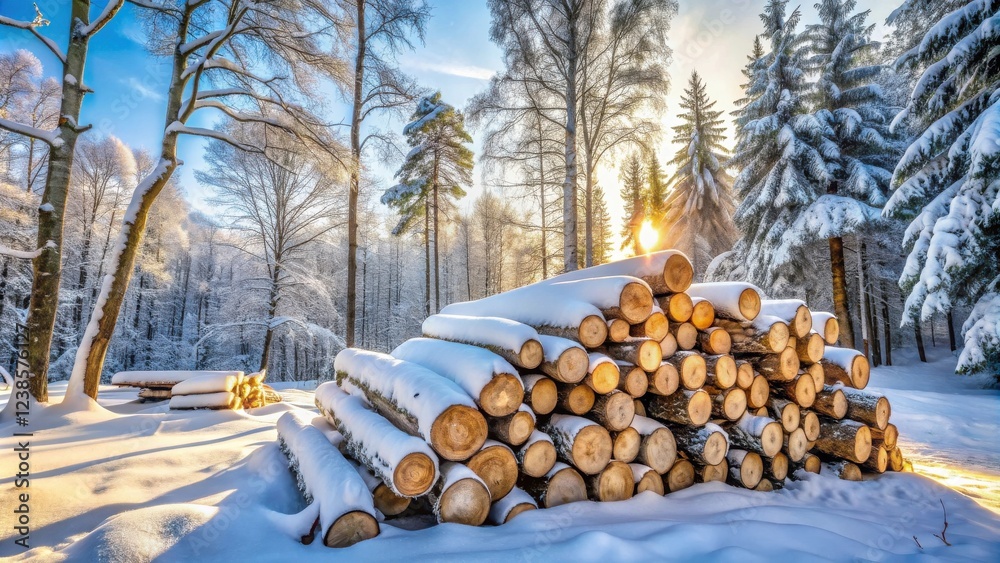 Aufkleber winter wonderland a snowy forest scene with a stack of logs bathed in the golden light of a setting 