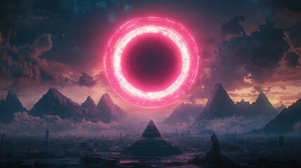 Pink Ring Portal Above Futuristic Cityscape and Mountains