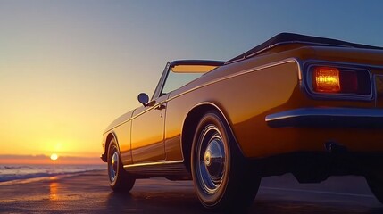 Fototapeta premium Sunset drive with a classic convertible car on the beach coastal highway outdoor photography scenic view