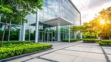 Contemporary Medical Facility with Minimalist Aesthetics, Featuring Large Windows and a Sterile Setting, Surrounded by Greenery and Soft Sunlight

