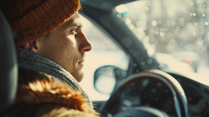 Man in a warm hat and scarf driving a car, looking out the window at the winter landscape. Ideal for travel blogs, car ads and winter clothes.