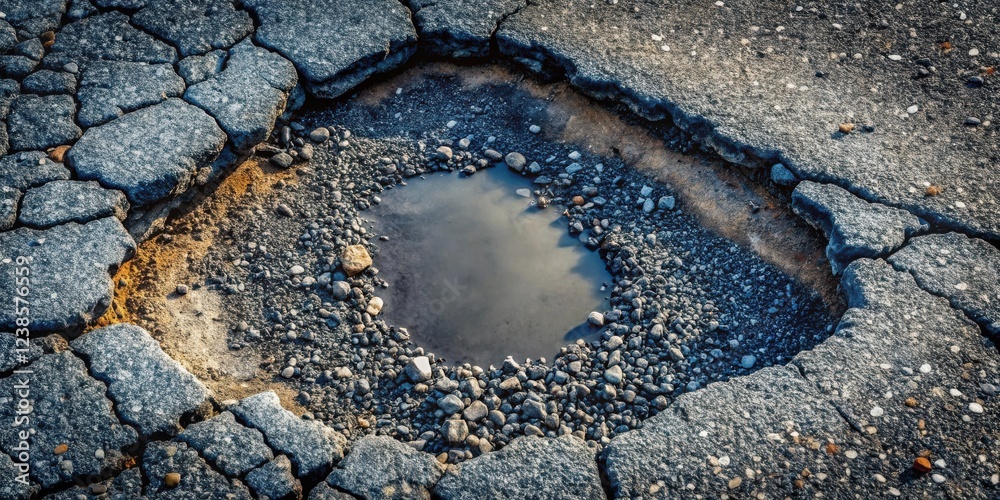 Poster A small puddle collects in a large crack in a paved surface, surrounded by small stones and larger fractured pieces of pavement.