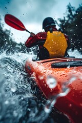 Naklejka premium Whitewater Adventure: Kayaking in Motion on a Thrilling River Journey