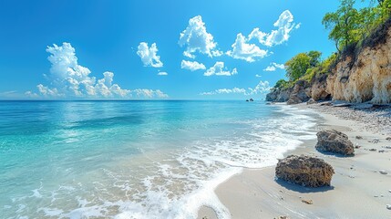 Serene Coastal Scene With Azure Waters And Sandy Beach