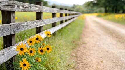 Fototapeta premium Countryside roads nature concept. A serene country road lined with vibrant sunflowers and rustic wooden fencing.