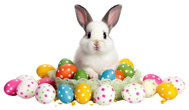 PNG Rabbit sitting easter eggs bunny colorful dot.