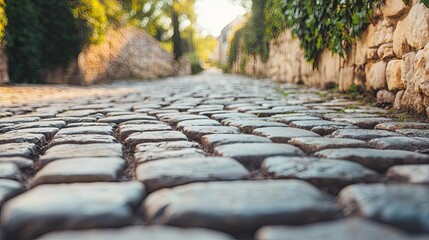 Countryside roads nature concept. A serene view of a cobblestone path lined with greenery, inviting exploration.