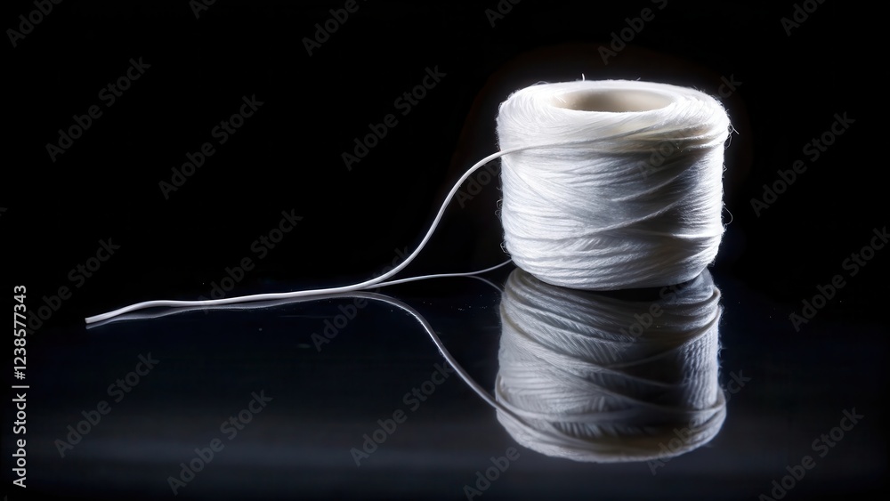 Poster A spool of pristine white thread, elegantly displayed against a dark reflective surface, showcasing its smooth texture and delicate length.