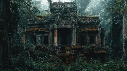 Ancient ruins enveloped by a dense jungle mist, a forgotten temple in nature