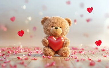 Fototapeta premium Adorable Valentines Day teddy bear holding a heart, surrounded by floating petals, and a blank message area