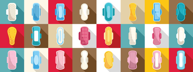 Sanitary napkins icons set. Various sanitary pads highlight different designs and features, emphasizing choices for women's menstrual health © anatolir