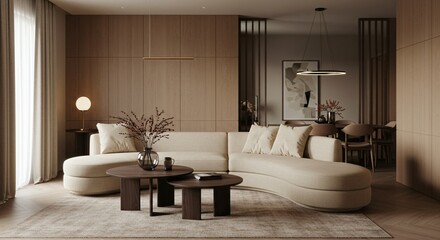 A modern, minimalist living space with a beige curved sofa, wooden elements, soft lighting, and earthy tones, blending elegance and comfort in a serene, sophisticated ambiance.