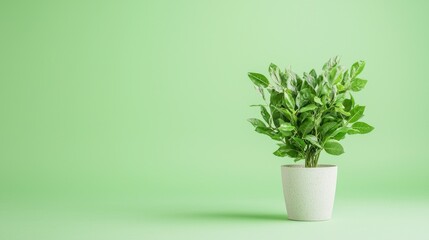 Green plant in pot on green background; nature, growth