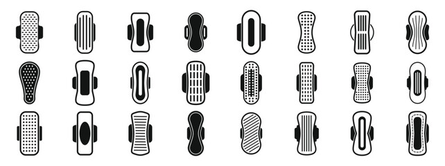 Sanitary napkins icons set. Collection of sanitary pad icons representing various absorbencies, shapes, and designs for feminine hygiene products © anatolir