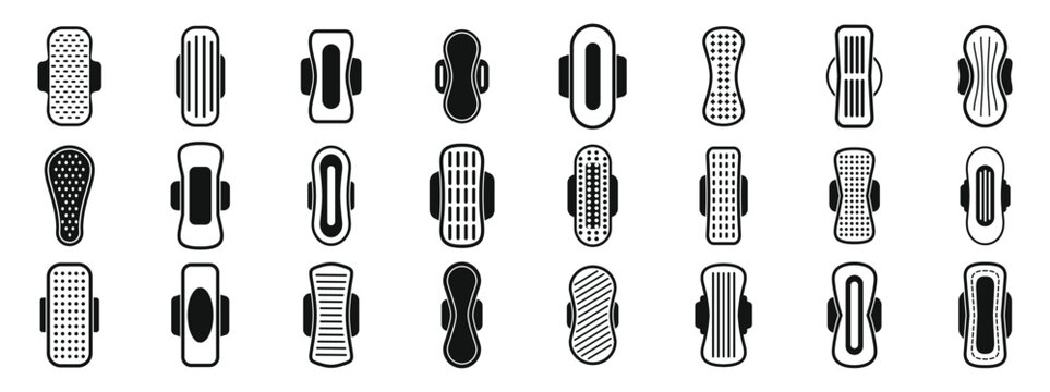 Sanitary napkins icons set. Collection of sanitary pad icons representing various absorbencies, shapes, and designs for feminine hygiene products