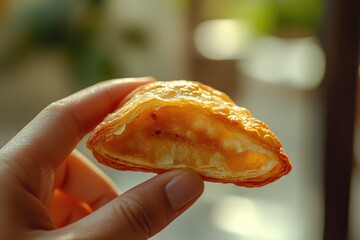 A hand holds a golden-brown, flaky pastry, filled with a sweet, light-colored filling. Delicious!