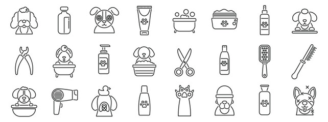 Spa procedures pets icons set. Essential tools and products for canine hygiene and grooming, ensuring a clean, healthy, and happy pet