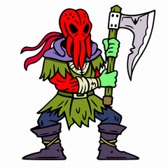 Fantasy Creature with Tentacle Head, Battle Axe, and Warrior Outfit
