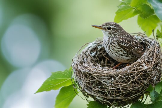 Tree pipit bird resting in nest on a tree branch
