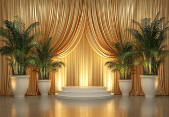 Fototapeta premium Elegant stage setting with gold curtains, lush potted plants, and a circular white platform. Warm lighting creates a luxurious atmosphere