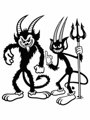 Two Mischievous Devil Characters with Tridents, Cartoonish and Playful Designs