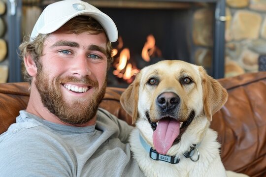 A smiling man poses with a happy dog by a cozy fireplace, showcasing a warm bond between pets and their owners.