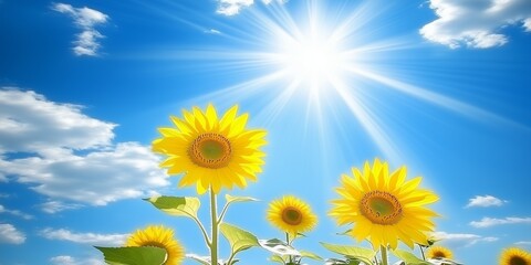 Sunflower field with beautiful sunflowers against a blue sky at sunset, a summer landscape, a nature background