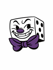 Cartoon Dice Character with Clown Face and Purple Bow Tie, Exuding Mischief