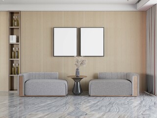 interior of a contemporary living room with a pair of chair, wooden panel and teo mockup poster. 3d rendering
