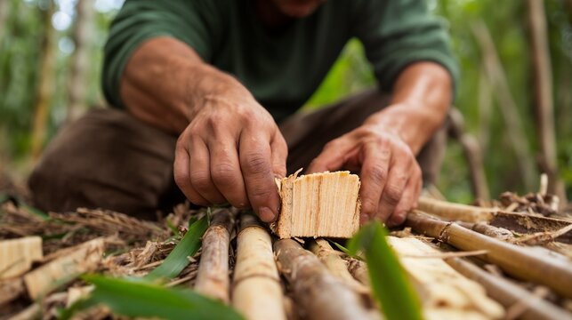 Hands working with bamboo and leaves in garden. Suitable for sustainable crafts, eco-friendly practices, and traditional skills content.