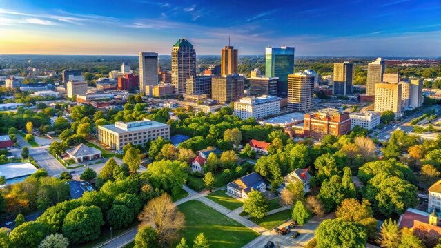 Aerial view of Lexington Kentucky cityscape with clear blue sky and green trees, cityscape