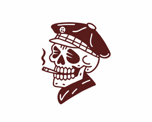 Skull with Military Hat and Cigarette, Featuring a Tough and Rebellious Look