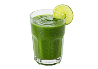 Glass of green smoothie with lime and kale isolated on white background, no depth of field, sharp.