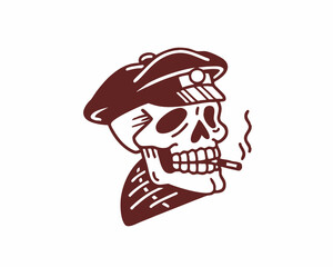 Skull with Military Hat and Cigarette, Featuring a Tough and Rebellious Look