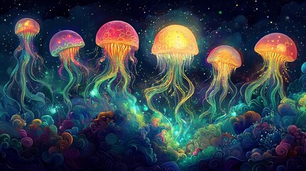 Naklejka premium Vibrant bioluminescent jellyfish gracefully drift in a cosmic ocean scene. AI Generated