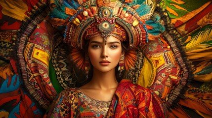 Fototapeta premium Regal Woman in Ornate Cultural Heritage Attire with Vibrant Colors