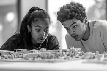 Two young architects meticulously examine a detailed architectural model, showcasing their collaborative work and dedication.