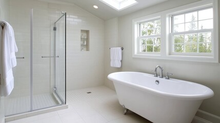 Relaxing bathroom retreat modern home interior design bright space wide angle serenity and comfort