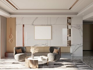 interior of a contemporary living room with a pair of chair, tv cabinet and mockup poster. 3d rendering