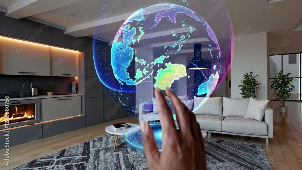 Poster Modern living room with holographic globe projection creating an interactive atmosphere
