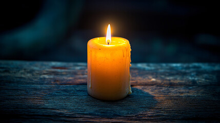 A solitary candle on an old wooden table, its warm light flickering gently, creating a peaceful and contemplative atmosphere.