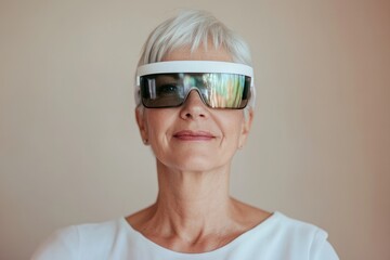 A mature woman with short gray hair looks directly at the camera while wearing futuristic smart glasses.